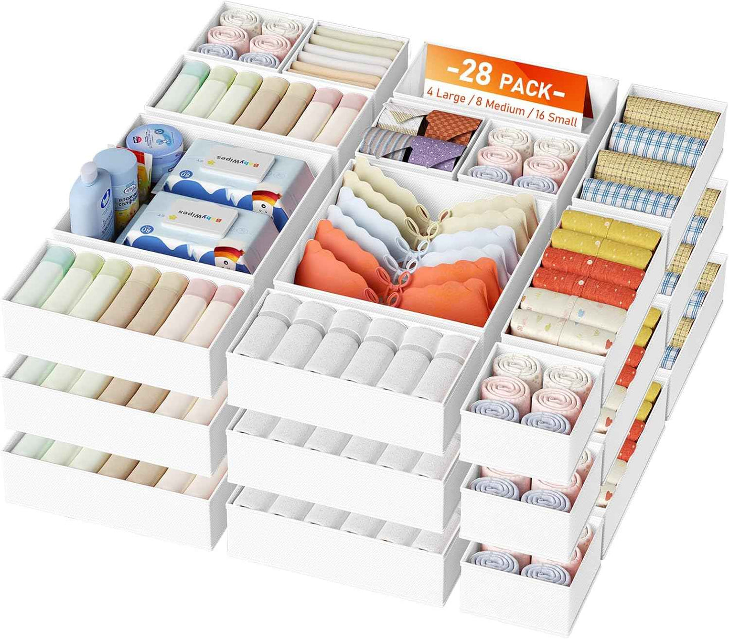 DIMJ Drawer Organizer Clothes, 12 Pack Dresser Organizer, Foldable Closet Organizers and Storage, Fabric Dresser Bins, Drawer Dividers for Nursery, Baby Clothes, Underwears, Sock (Beige)