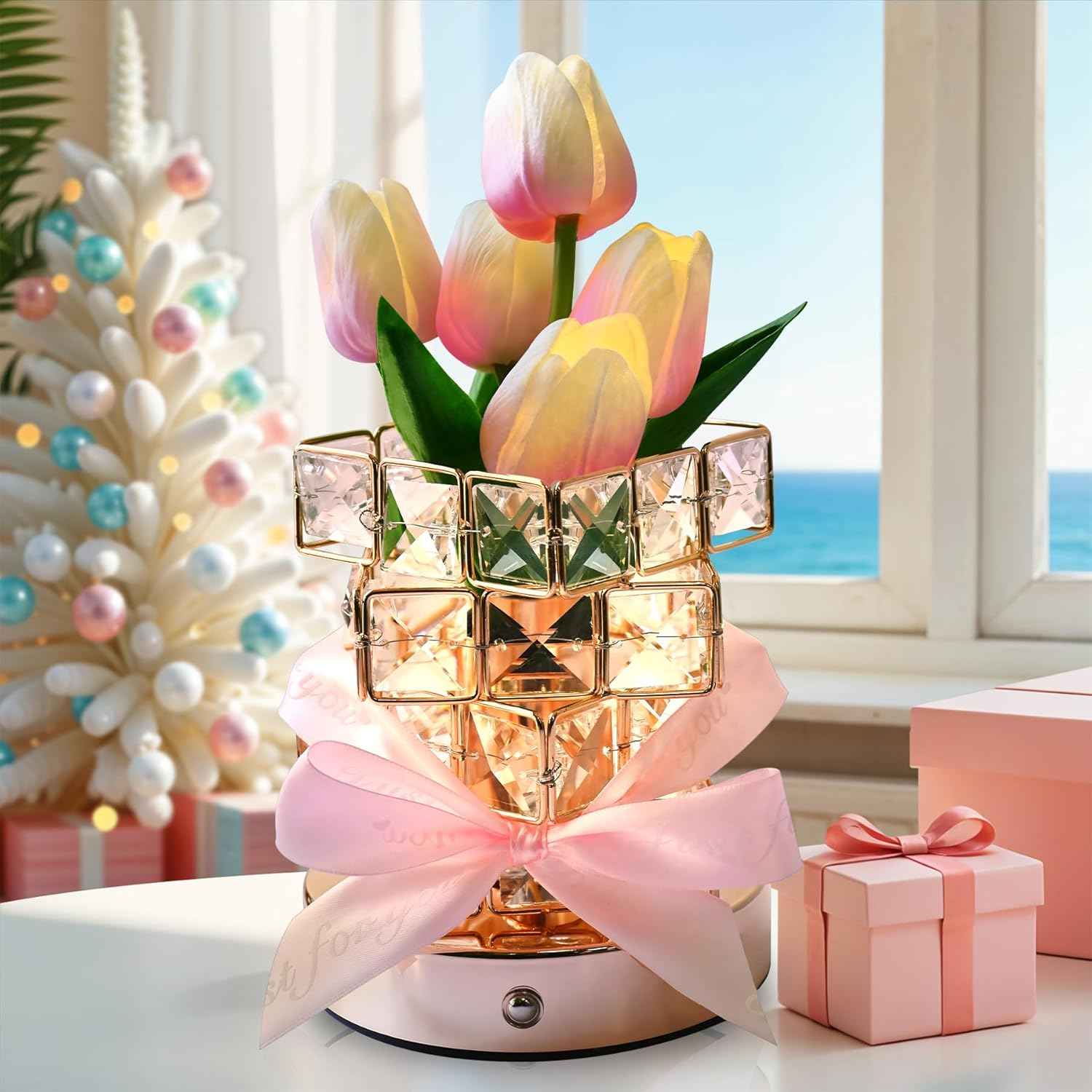 Tulips Lamp Gifts for Mom/Birthday Gifts for Women, Rechargeable Cordless Touch Table Lamp, 3 Color Colour Dimming Small Night Light-Gift for Mothers Day, Valentines Anniversary, Unique Home Decor