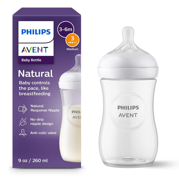 Philips Avent Natural Baby Bottles 4-Pack, Medium Flow, 9oz, SCY903/04, BPA-Free