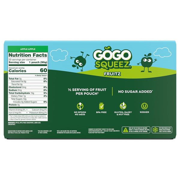 GoGo squeeZ No Sugar Added Applesauce and Fruit Puree, Apple, 3.2 oz Pouches, Pack of 20, Fruit Snacks for Kids