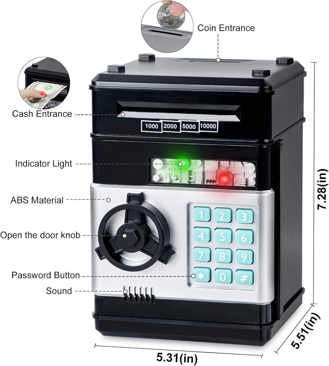 Refasy Piggy Bank Cash Coin Can ATM Bank Electronic Coin Money Bank for Kids Age 3-12, Money Savings Box Mini ATM Coin Bank Toys Gifts for 3 4 5 6 7 8 9 10 11 12 Year Old Boys Girls