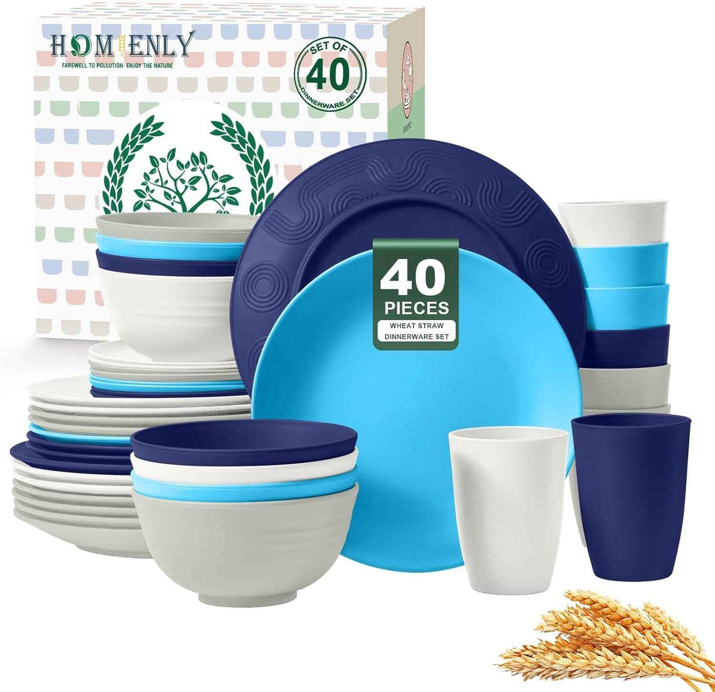 Homienly 40-Piece Premium Wheat Straw Dinnerware Sets, Service for 8, Unbreakable Plates and Bowls Set - Cups Sets, Dinner Plates, Bowls for Kitchen,Dishwasher and Microwave Safe Dishes Set - Multi