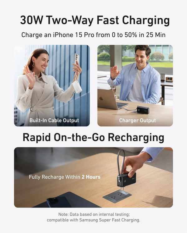 Anker Nano 3-in-1 Portable iPhone Charger, 10,000mAh Power Bank with Built-in USB-C Cable and Foldable Wall Plug, 30W Max Battery Pack, Travel Essentials for iPhone 17/16/15 Series, Galaxy, MacBook