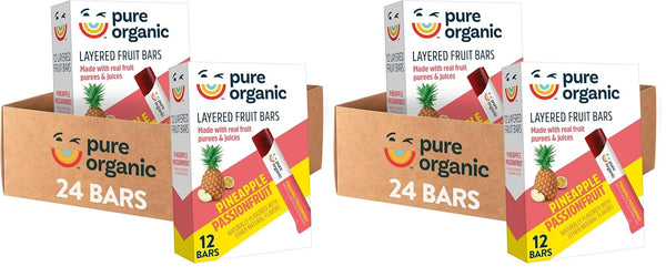 Pure Organic Layered Fruit Bars, Gluten Free, Vegan Fruit Snacks, Pineapple Passionfruit (2 Boxes, 24 Bars)