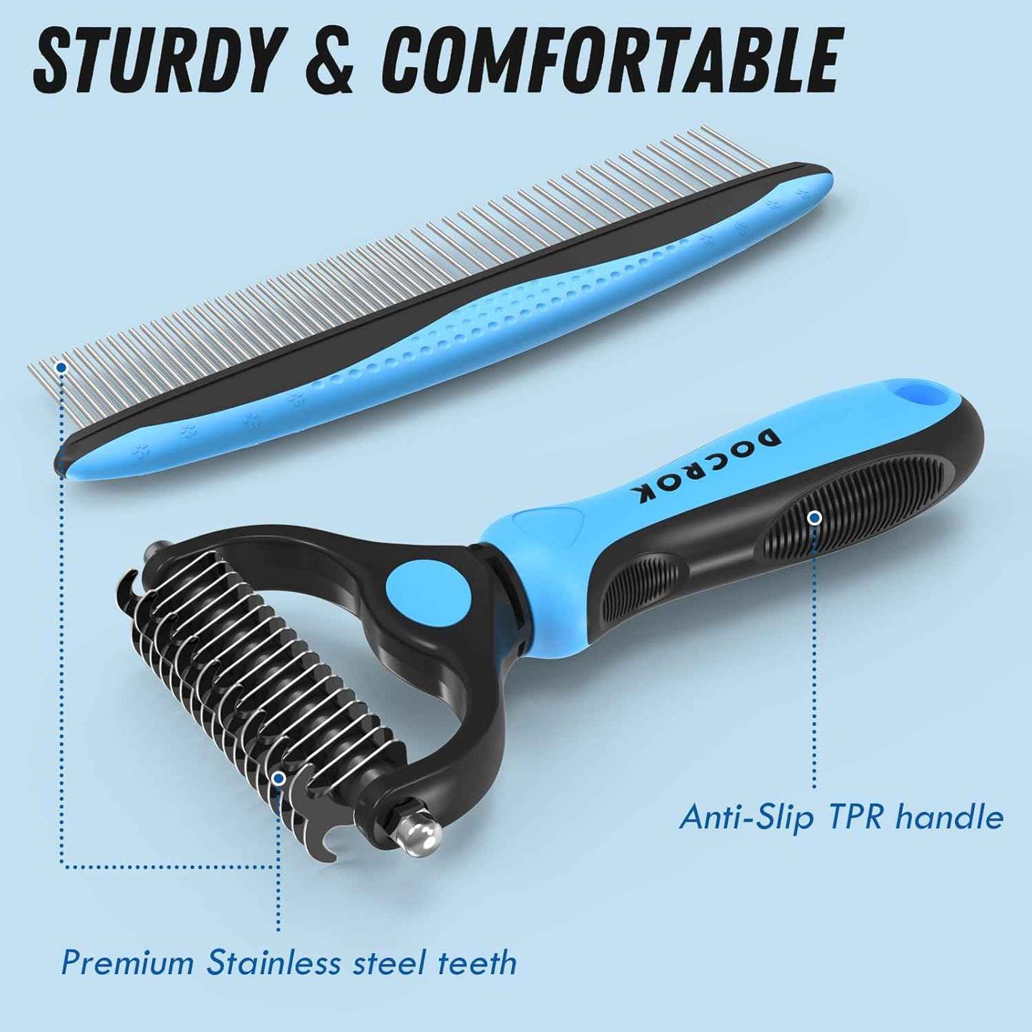 Pet Grooming Combo - Blue Deshedding Brush with Metal Comb for Detangling and Dematting Long, Matted Fur on Cats and Dogs
