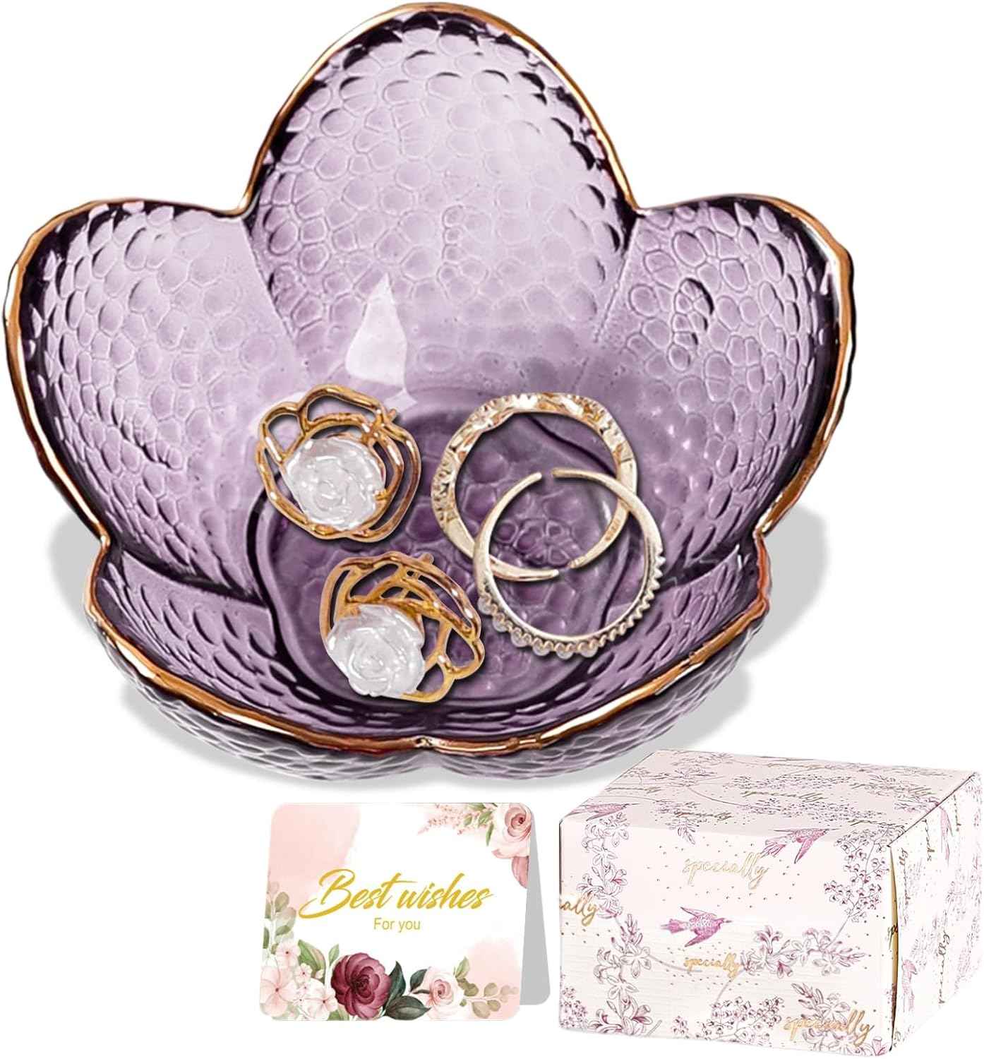 Purple Flower Jewelry Dish Glass Ring Holder Dish Jewelry Tray Cute Vanity Organizer Aesthetic Nightstand Bathroom Room Decor Trinket Dish Valentine's Friendship Christmas Birthday Gifts for Women