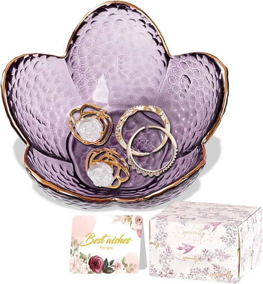 Purple Flower Jewelry Dish Glass Ring Holder Dish Jewelry Tray Cute Vanity Organizer Aesthetic Nightstand Bathroom Room Decor Trinket Dish Valentine's Friendship Christmas Birthday Gifts for Women