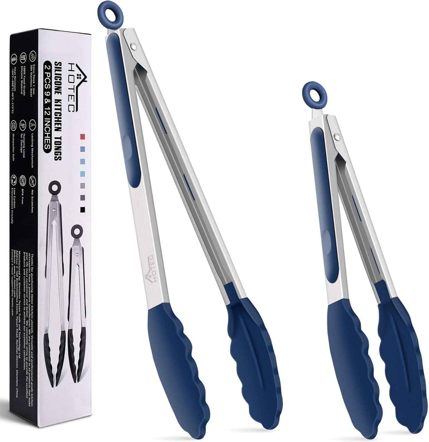 HOTEC Premium 7 & 9 Inch Kitchen Tongs, Stainless Steel Locking Cooking Tongs with Silicone Tips, Non-Scratch & Heat Resistant, Serving Tongs for Salad, BBQ, Classic Blue, Set of 2