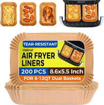 Vailnd Rectangle Air Fryer Paper Liners 200Pcs for Ninja DZ201&DZ550 | Bella Slim 4QT&6QT | Cosori | Instant Dual‑basket Air Fryer, Simple Cleanup, Greasy Proof, Disposable Airfryer Sheets 8.6x5.5In