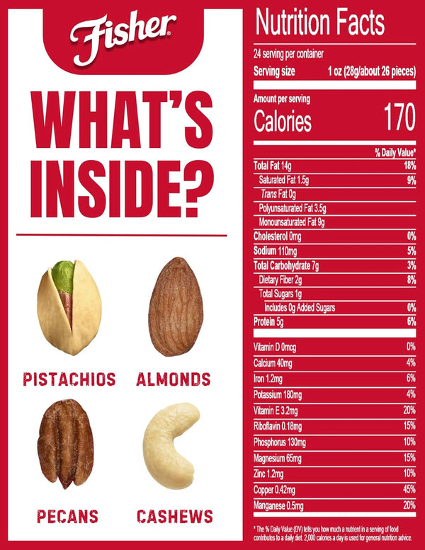 Fisher Oven Roasted Mixed Nuts, 24 Oz, Almonds, Cashews, Pecans, Pistachios, Healthy Snack