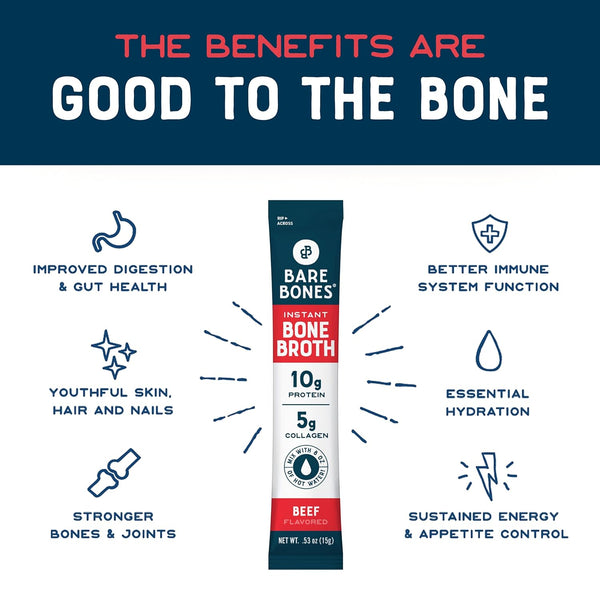 Bare Bones Beef Bone Broth Instant Powdered Mix Packets | 5g Collagen | 10g Protein | Keto & Paleo Friendly