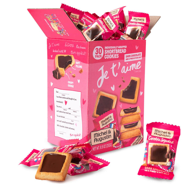 Michel et Augustin gourmet dark chocolate cookie squares, individually wrapped, 30-pack, French shortbread cookies with sea salt