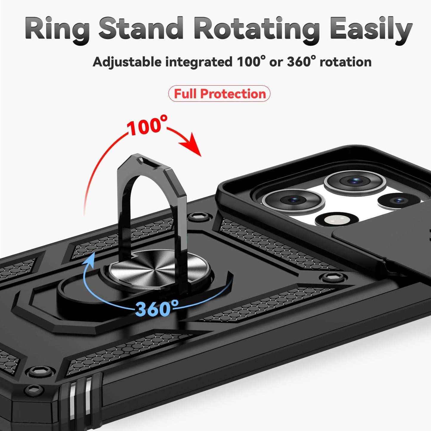 Motorola Moto G 2025 Case, with Slide Camera Cover HD Screen Protector [Military Grade 16ft. Drop Tested] Magnetic Ring Holder Kickstand Protective Phone Case for Motorola Moto G 2025, Black