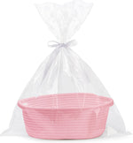 White small woven burr basket with gift bags and ribbons, 12" x 8" x 5", durable storage for gifts, baby toys, and living room essentials