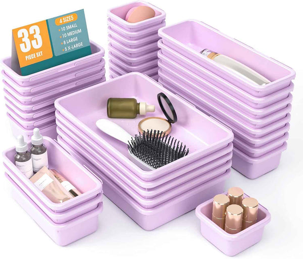 10 PCS Drawer Organizer Set, 4 Size Makeup Drawer Divider Organizer With Non-Slip Pads, Interlocking Plastic Storage Bins for Office,Jewelry Vanity,Gadgets, Bathroom,Kitchen, Black