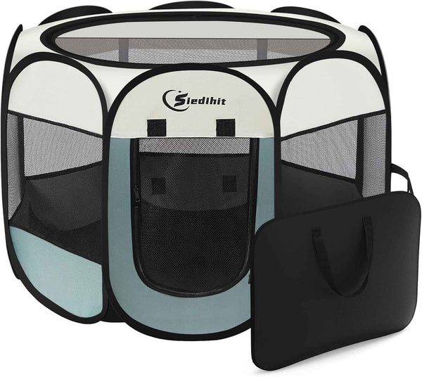 Grey dog cat playpen for small dogs, puppies, cats, rabbits - portable pop up kennel with carrying case