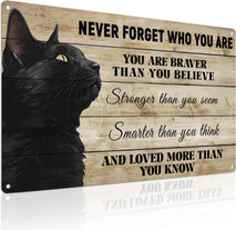 ALKB Never Forget Who You Are. Retro Metal Sign Black Cat Lovers Gift, Inspirational Wall Art Vintage Cat Decor for Home,Office,Bedroom 8 x 12 Inch