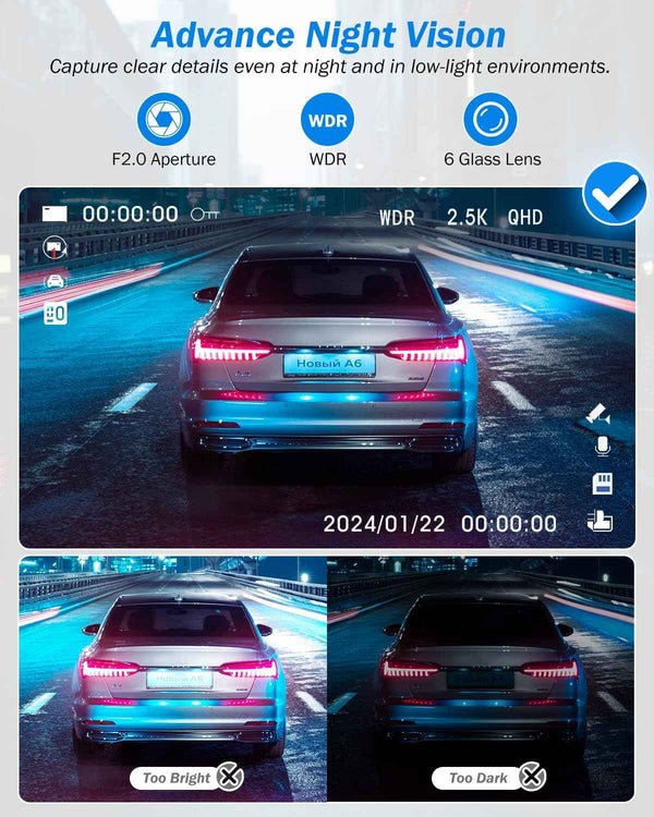Dash Cam Front and Rear, 2.5K+1440P Triple Car Camera with 32GB Card, 3 Channel Dash Camera for Cars, G-Sensor, 3.16” IPS Screen, 24Hr Parking, 170°Wide Angle, Loop Recording, IR Night Vision, Blue