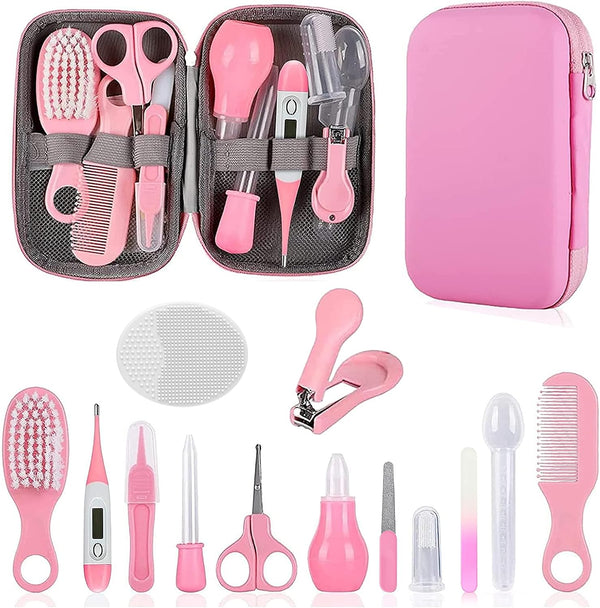 Baby Grooming Kit for Newborn Girls and Boys, Infant Safety Care Set with Hair Brush, Comb, Nail Clipper, Nasal Aspirator, Grey and White