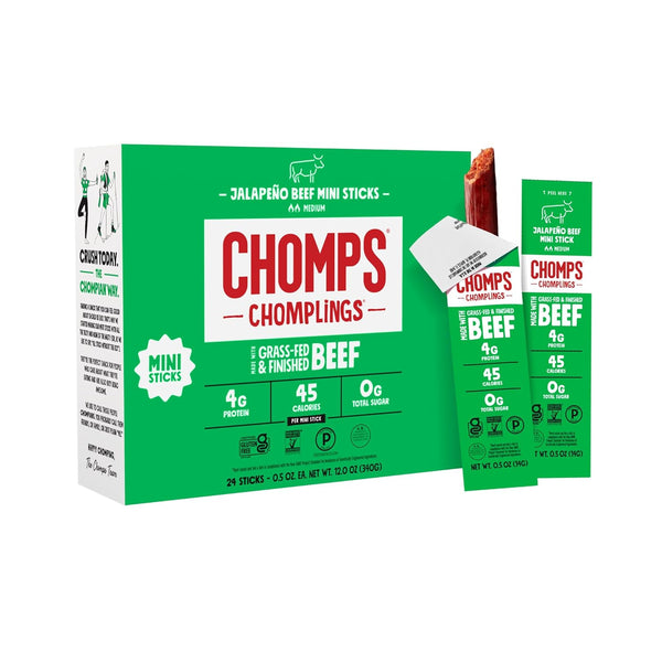 Chomps Grass-Fed Beef Jerky Snack Sticks 24-Pack 0.5oz Keto Paleo Whole30