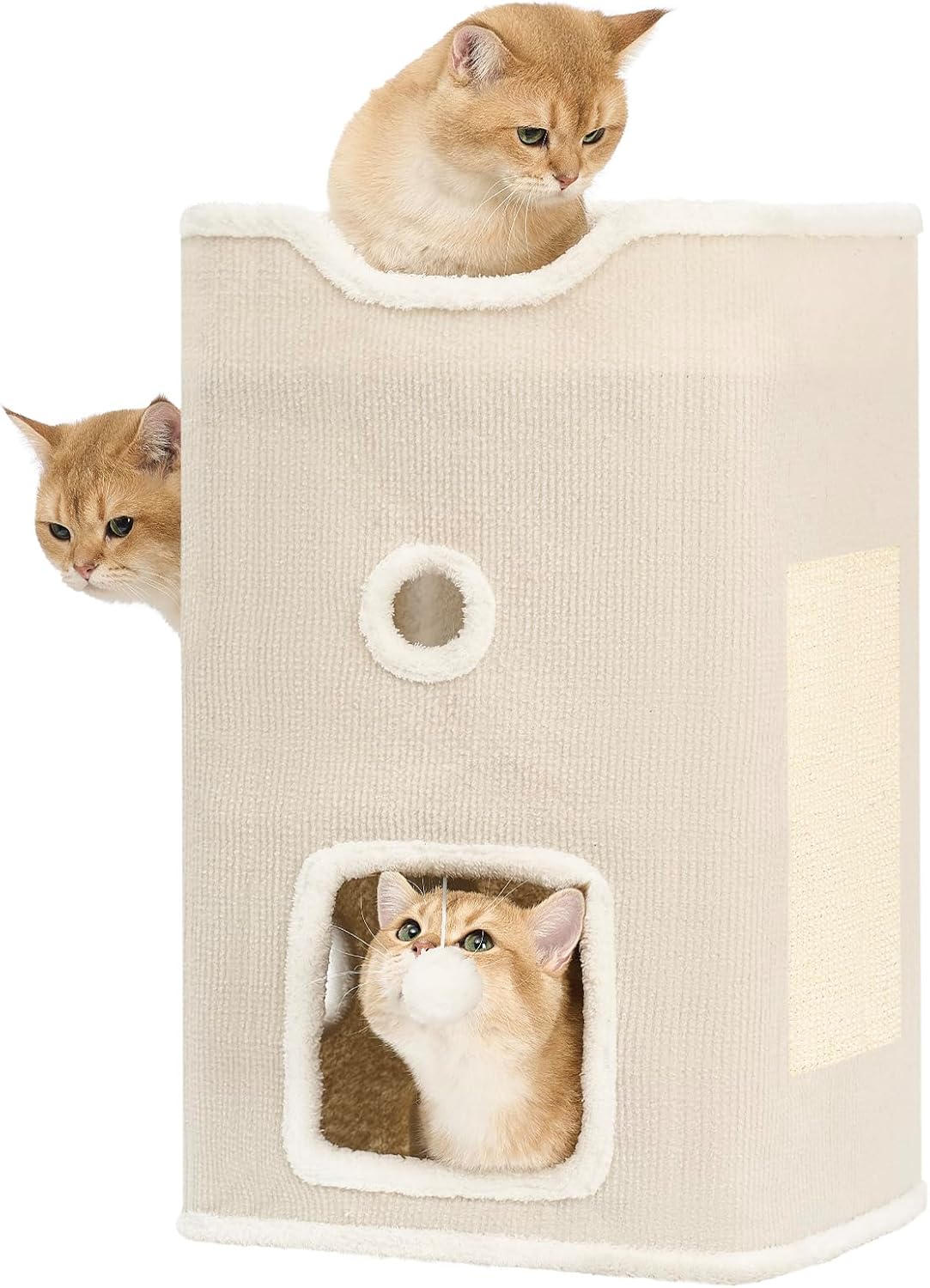 Cat House, Cat Beds for Indoor Cats, 2-Story Cat Condo Cube with Scratch Pad and Fluffy Ball Hanging, Multi-Level Cozy Hideout Ideal for Multiple Cats