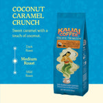 kauai coffee coconut caramel crunch 10% hawaiian arabica 10oz ground coffee, smooth and rich medium roast