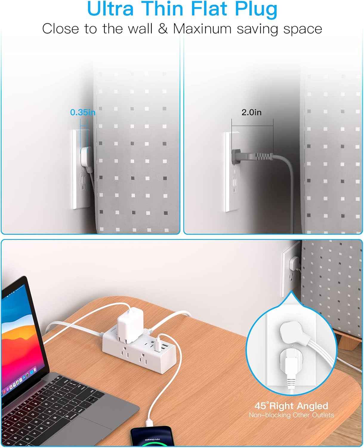 One Beat 10Ft Extension Cord with Multiple Outlets,Flat Plug Power Strip Surge Protector with 10 Ft Long Cord,6 Outlet 4 USB Ports (2USB C),Multi Outlet Wall Plug for Travel,College,Dorm Essentials