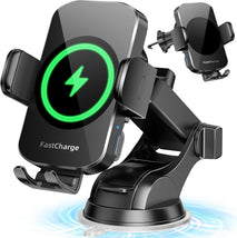 3-in-1 Wireless Car Charger Mount, 15W Fast Charging Auto-Clamping Phone Holder for iPhone 17 16 15 14, Samsung Galaxy S24 S23, Dashboard, Vent & Windshield Car Mount(Black)