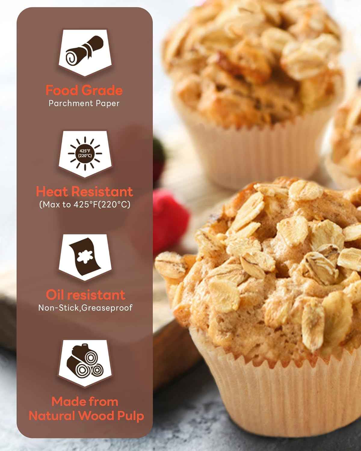 Non-stick 200pcs Standard Cupcake Liners for Baking, Natural, Food-grade Cupcake Wrapper, Greaseproof Parchment Muffin Liners