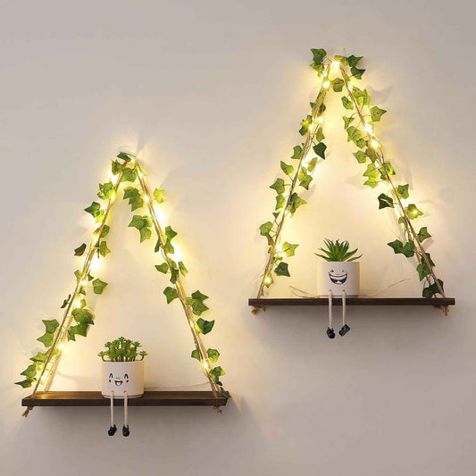Floating Shelves for Wall, Hanging Shelves with Artificial Ivy LED String Light, No Drilling Hanging Shelf, Wood Hanging Plant Shelves for Wall Décor, Boho Decor, Art Bedroom, Set of 2