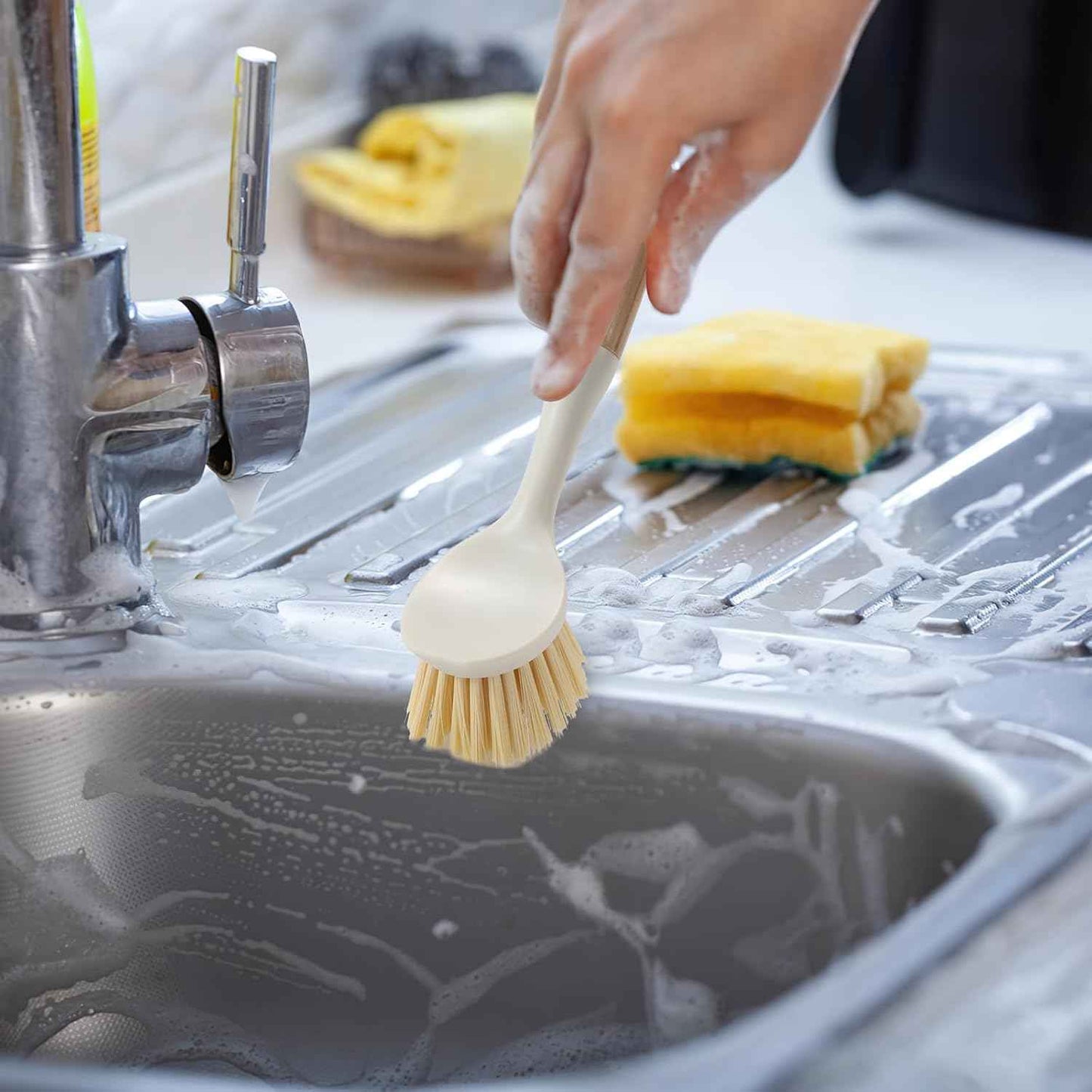 Dish Brush with Built-in Scraper - 4 Pack Bamboo Dish Scrubber Brush with Handle, Kitchen Brushes for Dishes & Pots, Sink, Eco Cleaning Tool Set