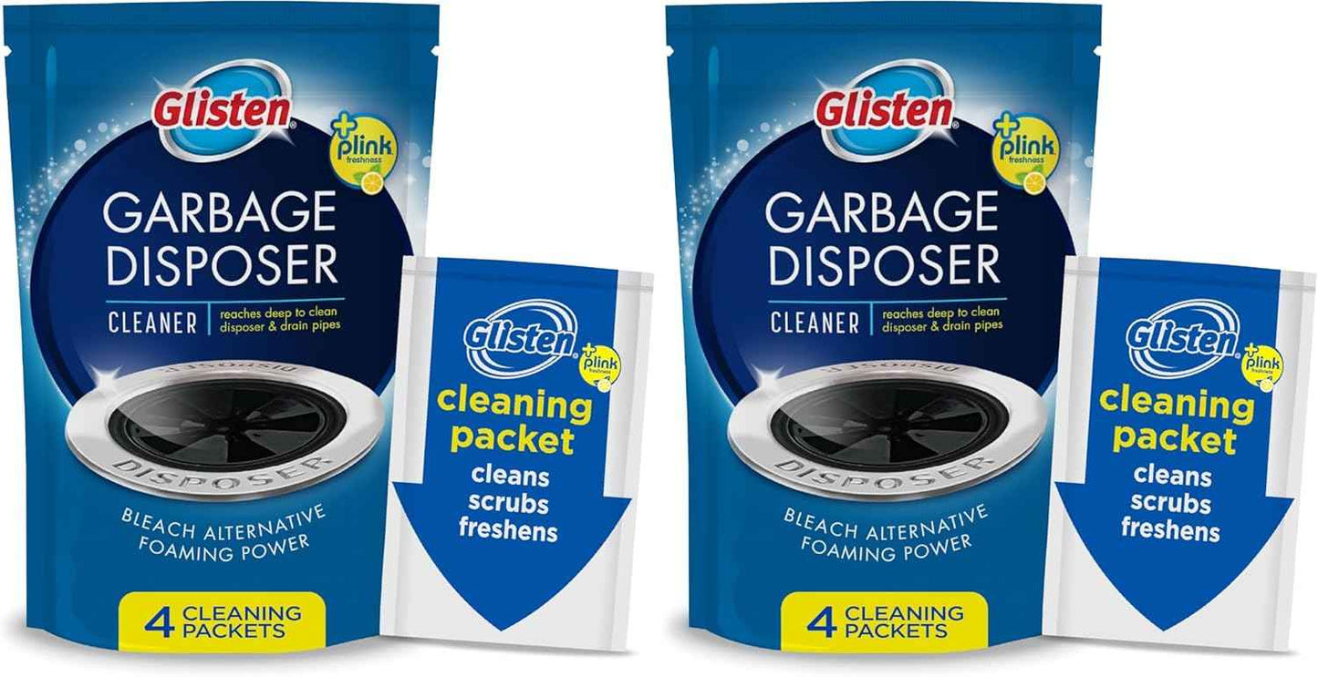 Glisten Garbage Disposer Cleaner and Freshener, Sink Disposal Odor Eliminator with Foaming Action, Lemon Scent, Made in the USA, 4 Packets