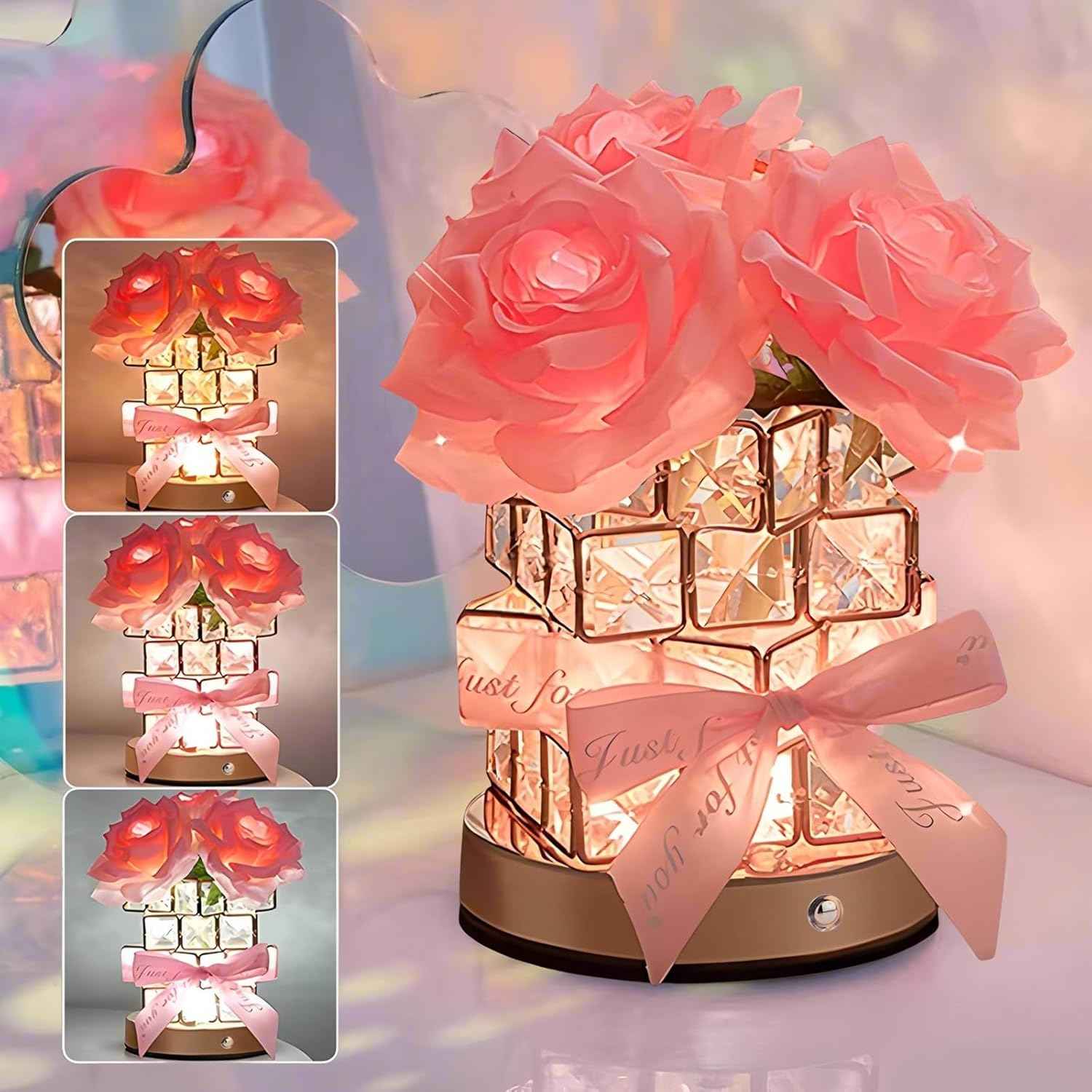 Rose Flower Lamp,Rechargeable Cordless Touch Table Lamp for Bedroom,3-Colour Dimming Small Night Light,Crystal Bedside Lamps with USB Charge,Birthday Valentine's Day Gifts for Women,Mom,Wife,Her