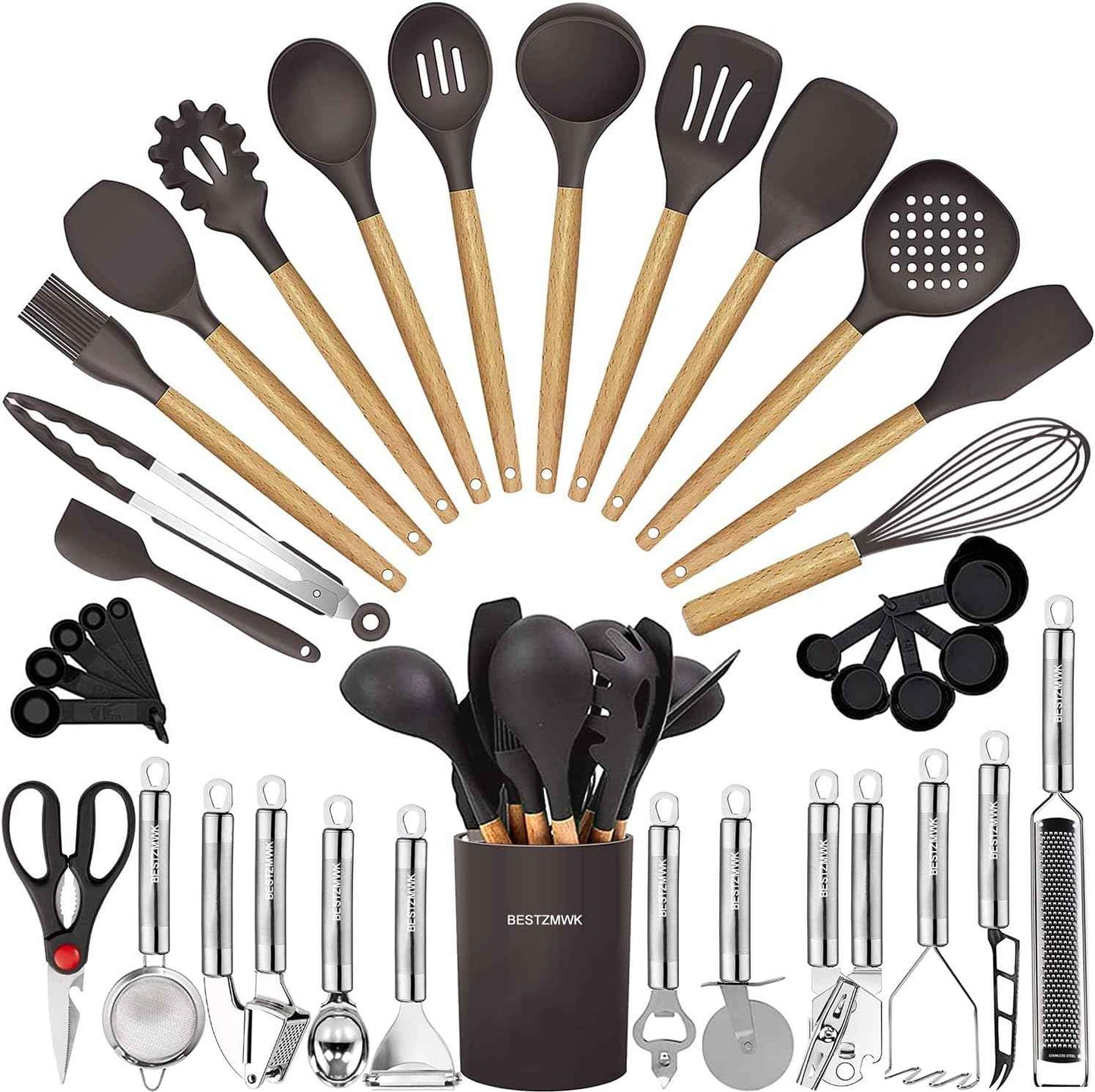 Kitchen Utensils Set- 35 PCs Cooking Utensils with Grater,Tongs, Spoon Spatula &Turner Made of Heat Resistant Food Grade Silicone and Wooden Handles Kitchen Gadgets Tools Set for Nonstick Cookware