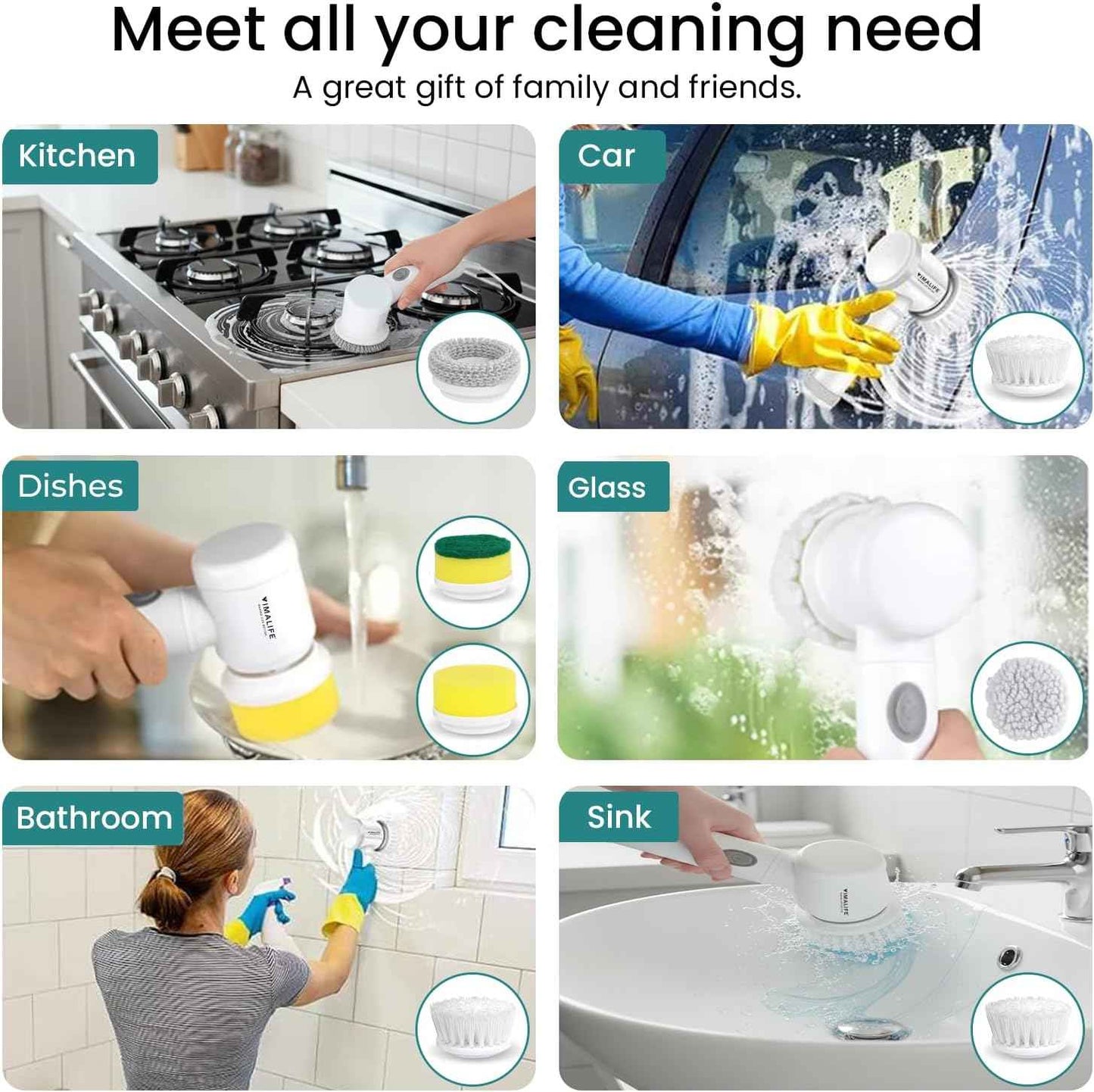 VIMALIFE Electric Spin Scrubber, Cordless Bathroom Cleaning Brush IPX6 Waterproof with 5 Replaceable Heads, Power Scrubber for Bathtub, Tiles, Car Wash, Kitchen & Multi-Surface Home Cleaning