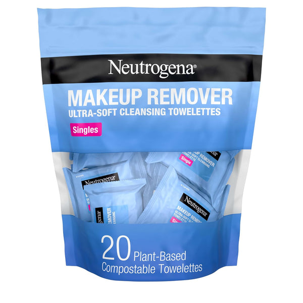 Neutrogena daily makeup remover wipes, 20 count, single face cleansing towelettes, alcohol-free, 100% plant-based