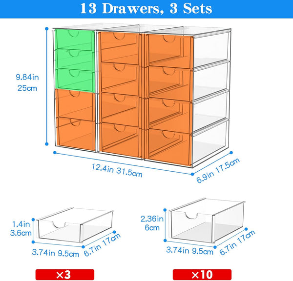 Acrylic Makeup Organizer with 13 Drawers for Storage and Organization