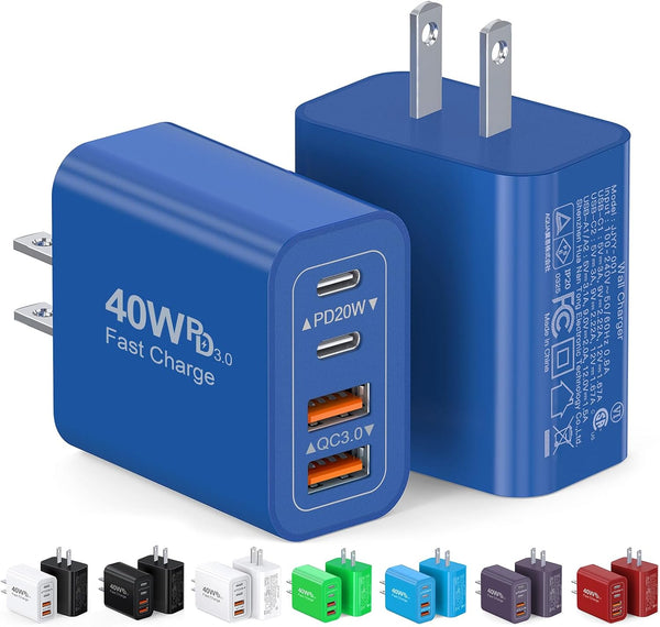 40W USB C Charger Cube, 2-Pack Fast Charging Block, 4-Port Power Adapter