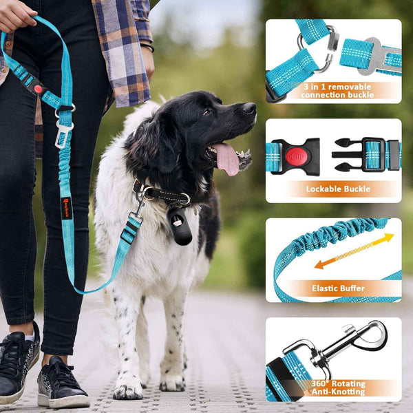 Blue and Black 3 in 1 Pet Dog Car Seatbelt Leash with Retractable Restraint and Adjustable Reflective Bungee Tether