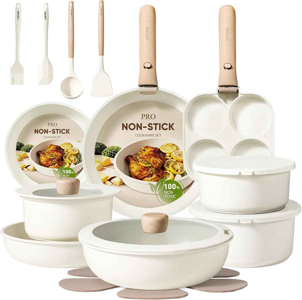 CAROTE 19pcs Pots and Pans Non Stick, Cookware Sets Detachable Handle, Induction Kitchen Pots and Pans,NonStick Cooking Set, Oven/Dishwasher/Fridge Safe, Space Saving