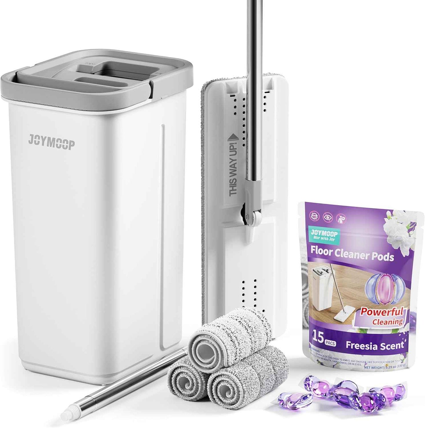 JOYMOOP Mop and Bucket Set with Wringer, Flat Mops for Floor Cleaning, Wall Mop Cleaner with Long Handle, Hardwood Floor Mop with 4 Microfiber Pads