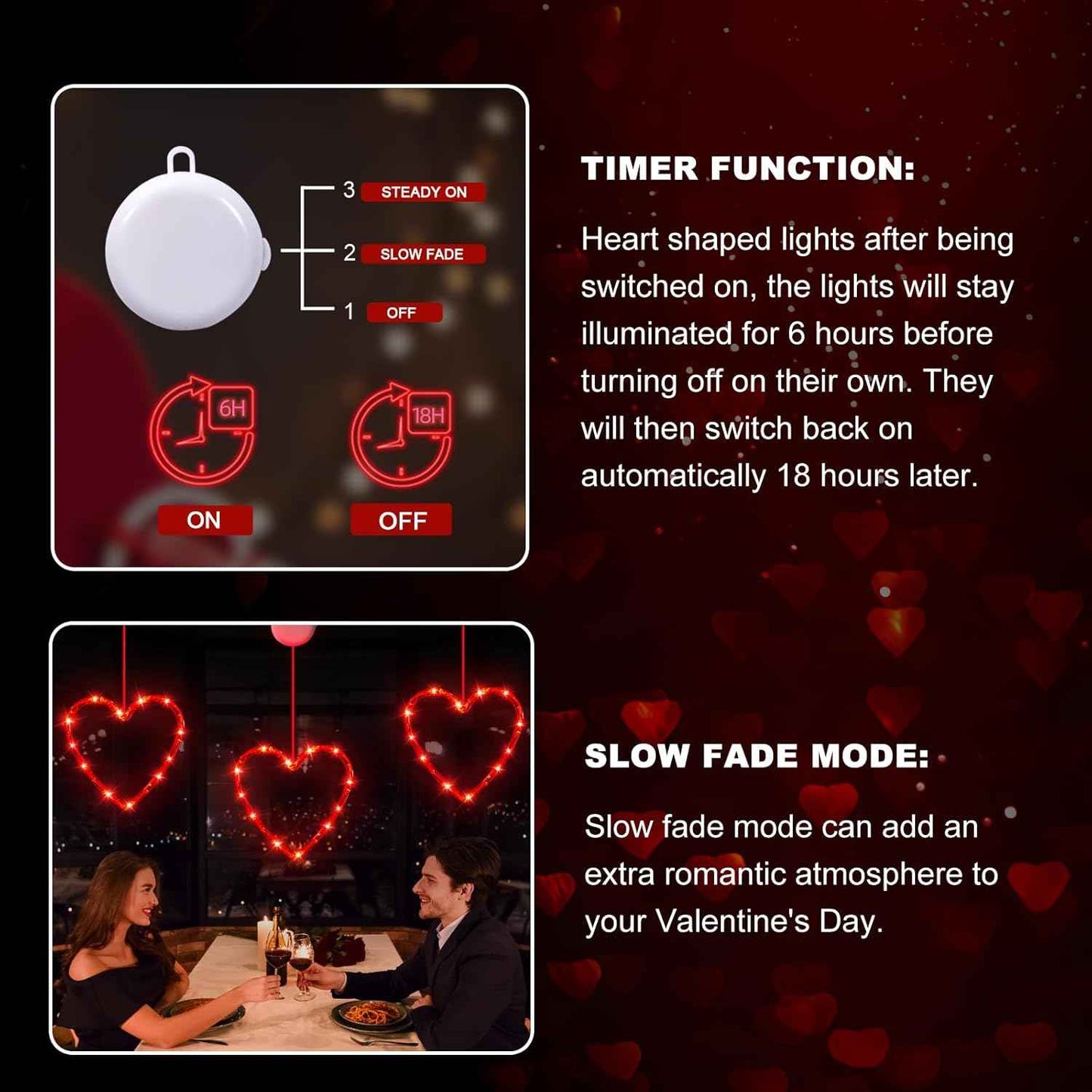 3 Pack Valentines Day Window Lights Decorations with Timer, Battery Powered Hanging Red Lighted Heart Shaped Silhouette Sucker LED Lamp for Fireplace Indoor Home Decor