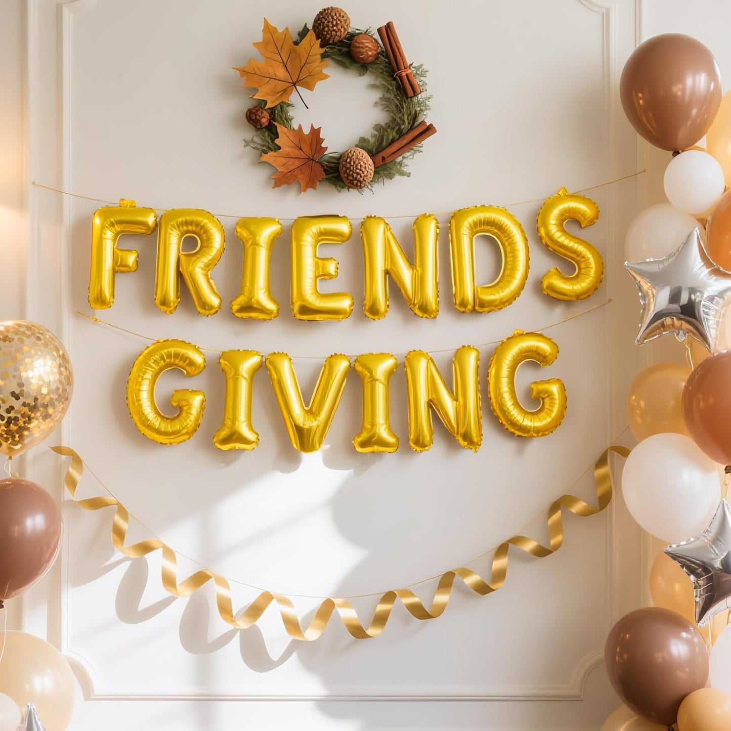 Friendsgiving Decorations – 16 Inch Gold Foil Letter Balloons Banner for Thanksgiving Party Wall Decor or Backdrop