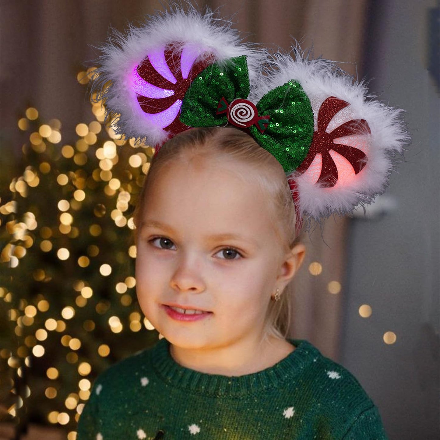 JIAHANG Christmas LED Flash Mouse Ear Headband, Lollipop Light Up Furry Edged Sequin Bow Hairband, Glowing Festival Party Decoration Headwear for Women Girls