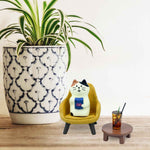 Cute cat figurine playing phone on sofa with coffee, cat lovers gift for home decor
