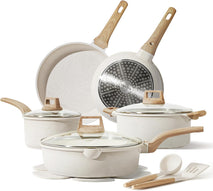14-piece non-stick cookware set with utensils and pan protectors