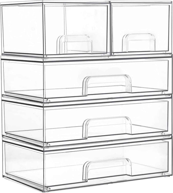 Vtopmart Stackable Storage Drawers Set of 5, Clear Plastic Organizer Bins for Baby Bottle, Beauty Supplies Storage, Ideal for Kichen Countertop, Vanity, Bathroom, Cabinet, Pantry Organization
