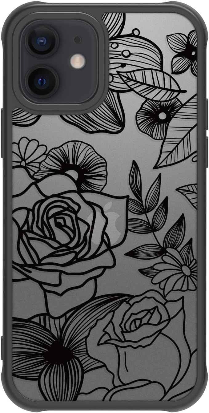 Girly Flower Case Compatible with iPhone 17 Pro Max, Cute Rose Aesthetic Black Line Art Floral Pattern Print, Anti Fingerprint PC Heavy Duty Protection Cases Cover for Girls Women