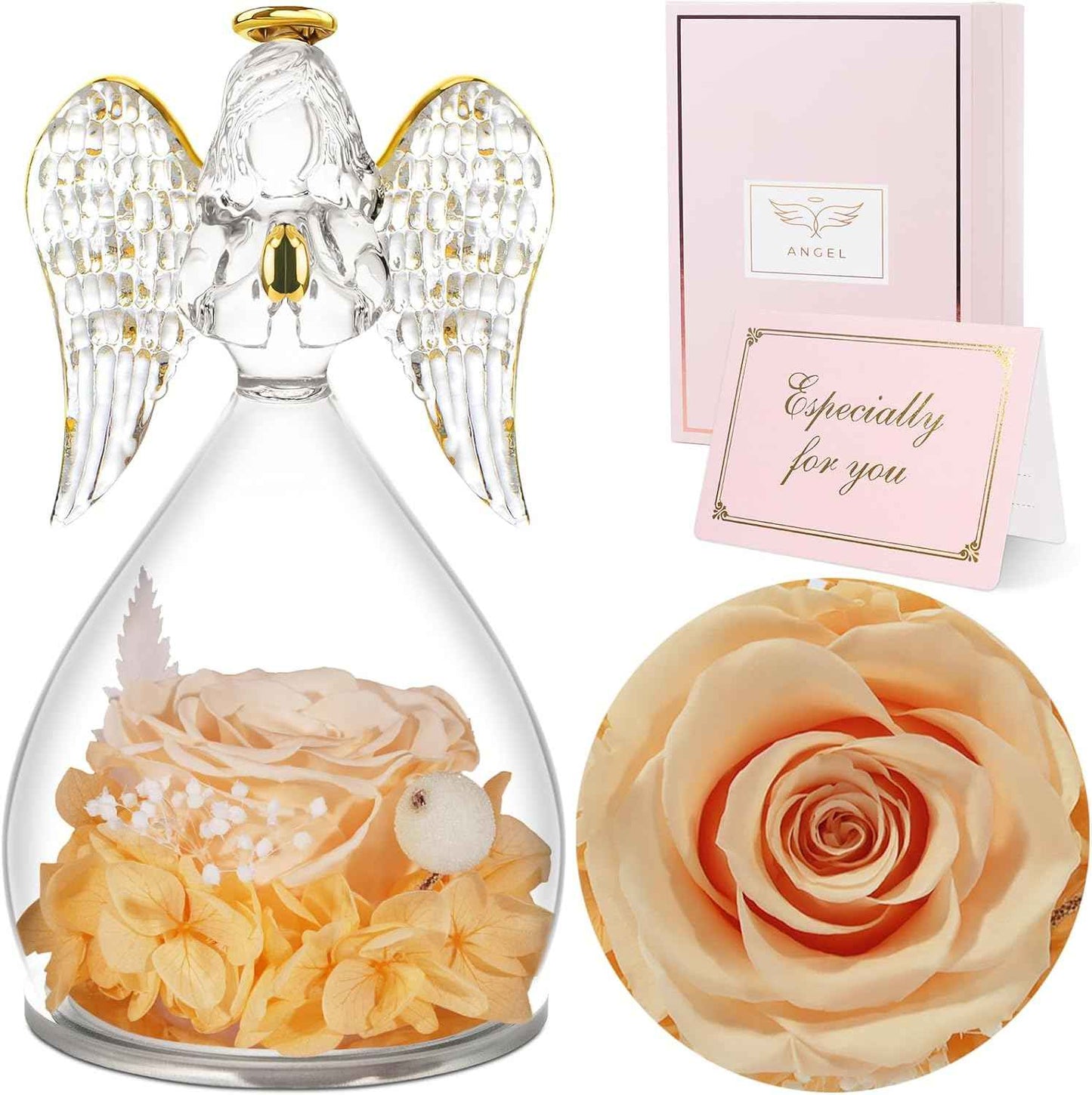Sunia Valentines Day Rose Gifts for Women, Birthday Gifts for Mom Grandma, Forever Preserved Flower in Glass Angel Figurines Flowers for Delivery Prime, Mothers Day Real Roses for Her Wife