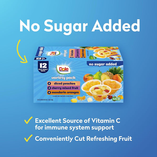 Dole Diced Peaches, Mandarin Oranges, and Cherry Mixed Fruit Variety Pack, 12 Pack, 4 oz Bowls